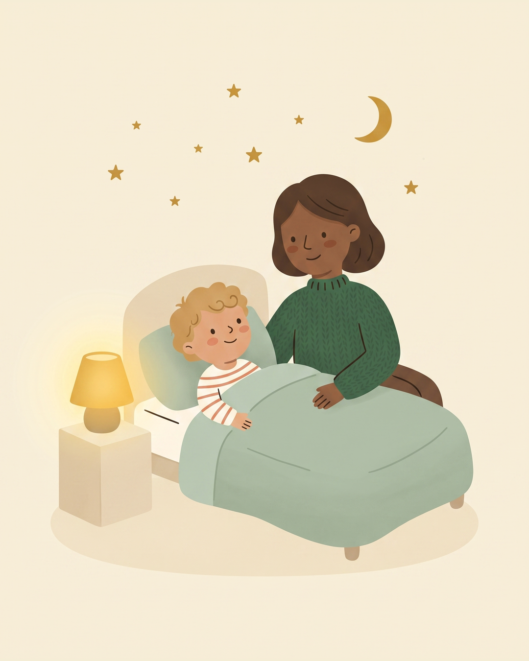 A parent sitting on the edge of a child's bed at lights-out, a lamp glowing on the bedside table