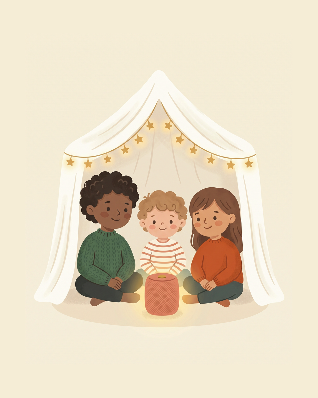 Three children sitting around a glowing speaker in a blanket fort